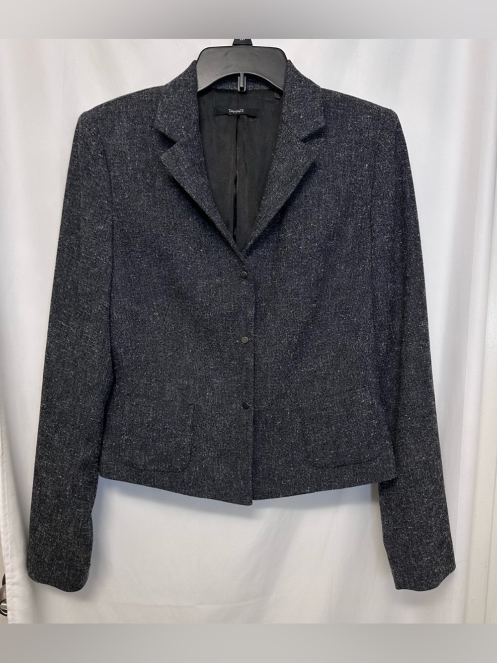 Tahari Grey Tweed Cropped Blazer Jacket Snap Front Career Size Medium